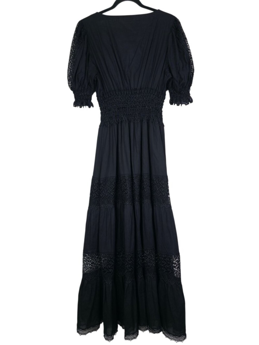 Charo Ruiz Clemence Dress Black V Neck Long Eyelet Puff Sleeve Maxi Size L - Picture 7 of 11